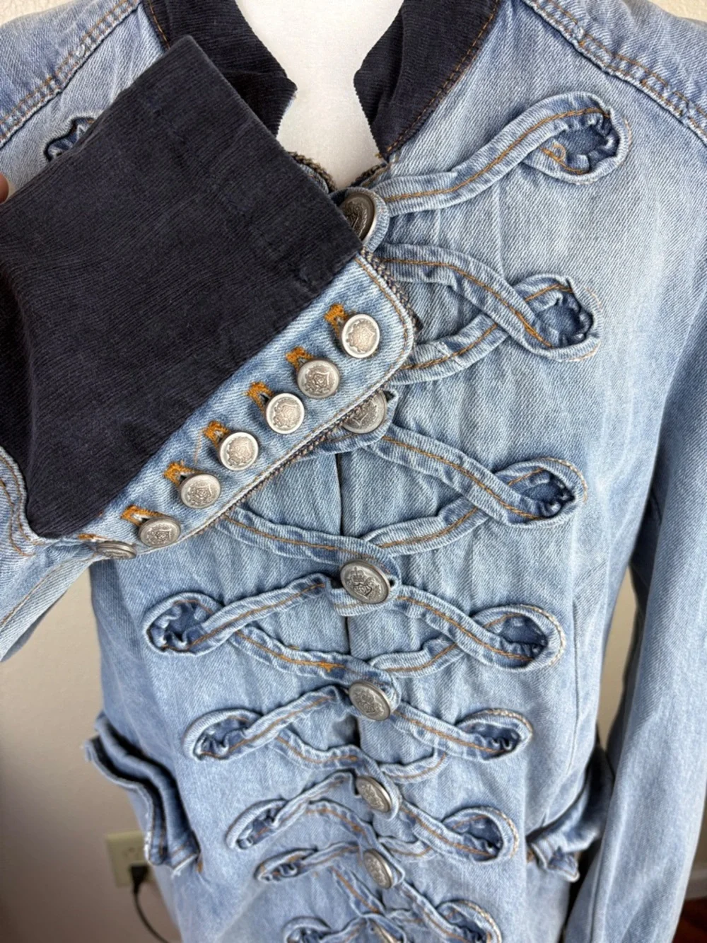 Free People Denim Seamed And Structured Jacket Size XL Military 90s - Picture 3 of 16